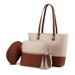 Olivia 3-Piece Tote Set (Beige And Brown)