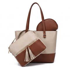 Olivia 3-Piece Tote Set (Beige And Brown)