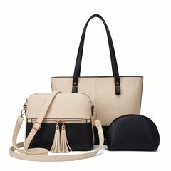 Olivia 3-Piece Tote Set (Beige And Black)