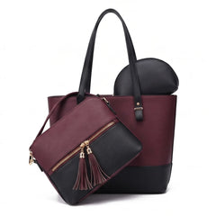 Olivia 3-Piece Tote Set (Maroon And Black)